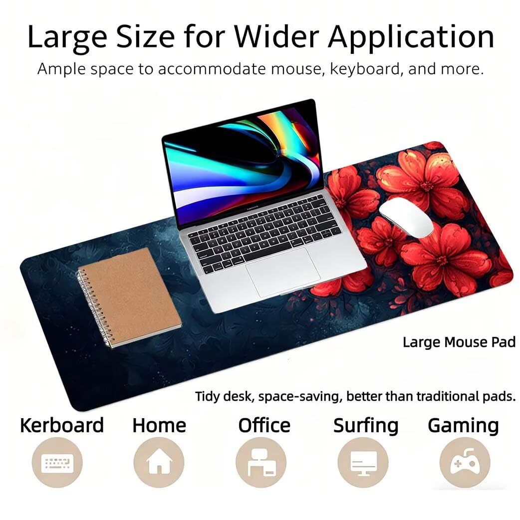 Lpfieonn Blume Schreibtischunterlage XXL, Beige Schreibtischunterlagen Großes, Gaming Mousepad XXL mit ernähter Rand und Rutschfeste Gummibasis, Desk Mat für PC/Laptop/Mausa 120x60cm PF-2386