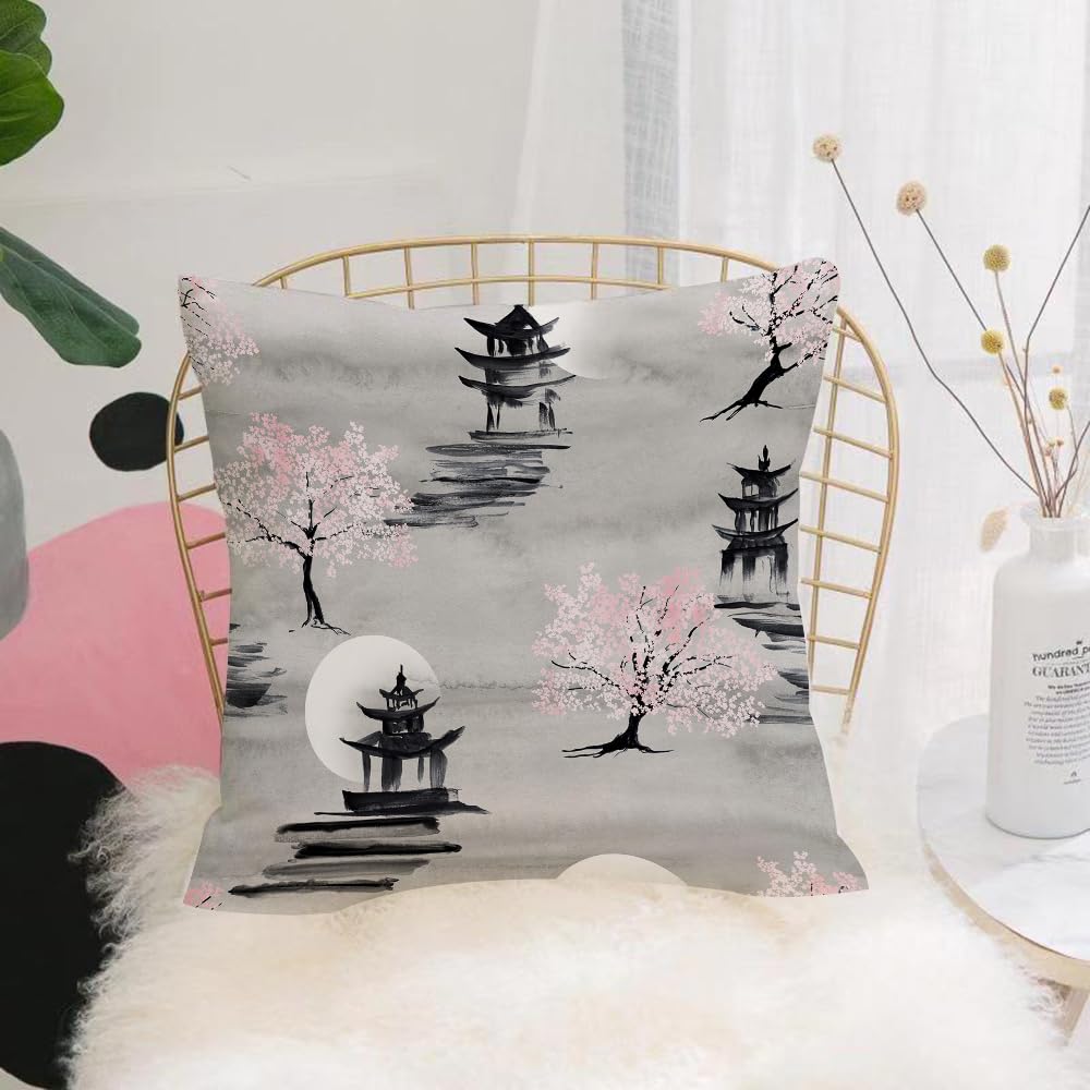 HYOSXW Cushion Cover,Throw Pillow Case Home Decorative for Living Room Bedroom Sofa Chair 16X16 Inch,Cherry blossom trees. Pagoda moon Japanese scenery seamless pattern. Sakura wat,Pillowcase 40X40cm