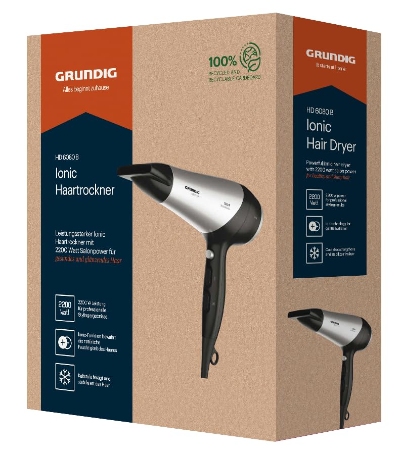 GRUNDIG HD 6080 B Haartrockner 2200 W, Föhn, Ionen Funktion, 3 Temperatur- und 2 Luftstromstufen, Kaltstufe, Keramikbeschichtung, 1,8 m Kabel, Schwarz/Silber