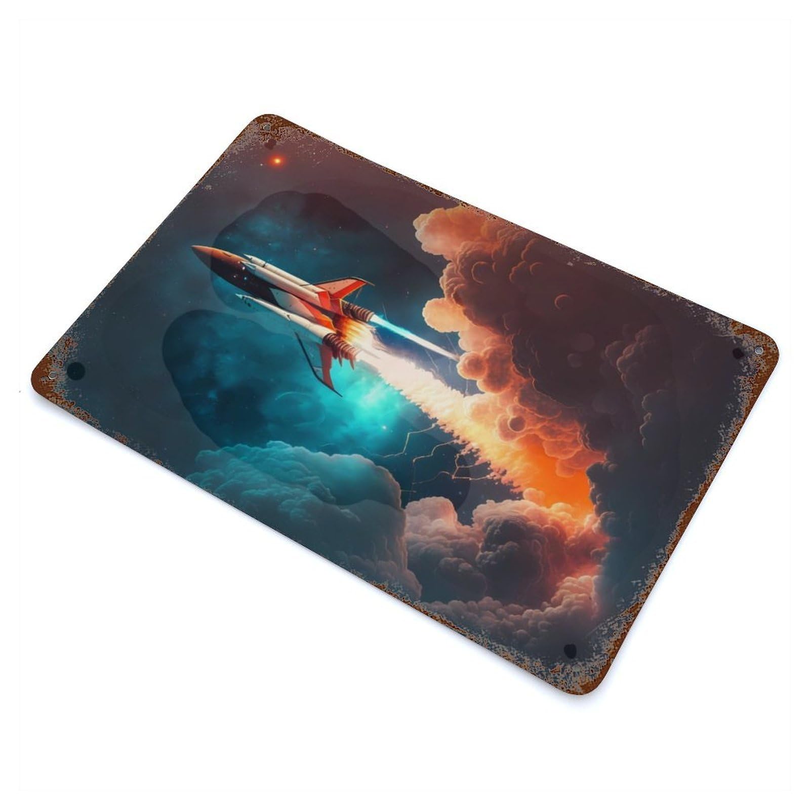Garage Style Rocket Lift Off Rusty Metal Tin Sign 11.8"x7.9", Farmhouse Wall Decor for Bar And Workshop
