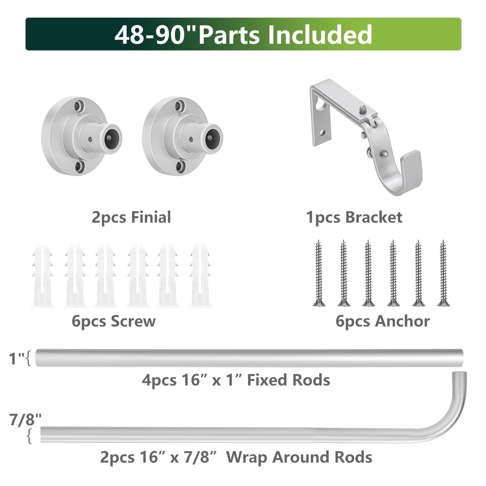 Nickel Wrap Around Curtain Rods,Nickel Curtain Rods for windows 48 to 84 inch(4-7Ft),Adjustable Blackout Curtain Rod,1 Inch Diameter Room Darkening Drapery Rods,Window Curtains Rod 48-90",Silver