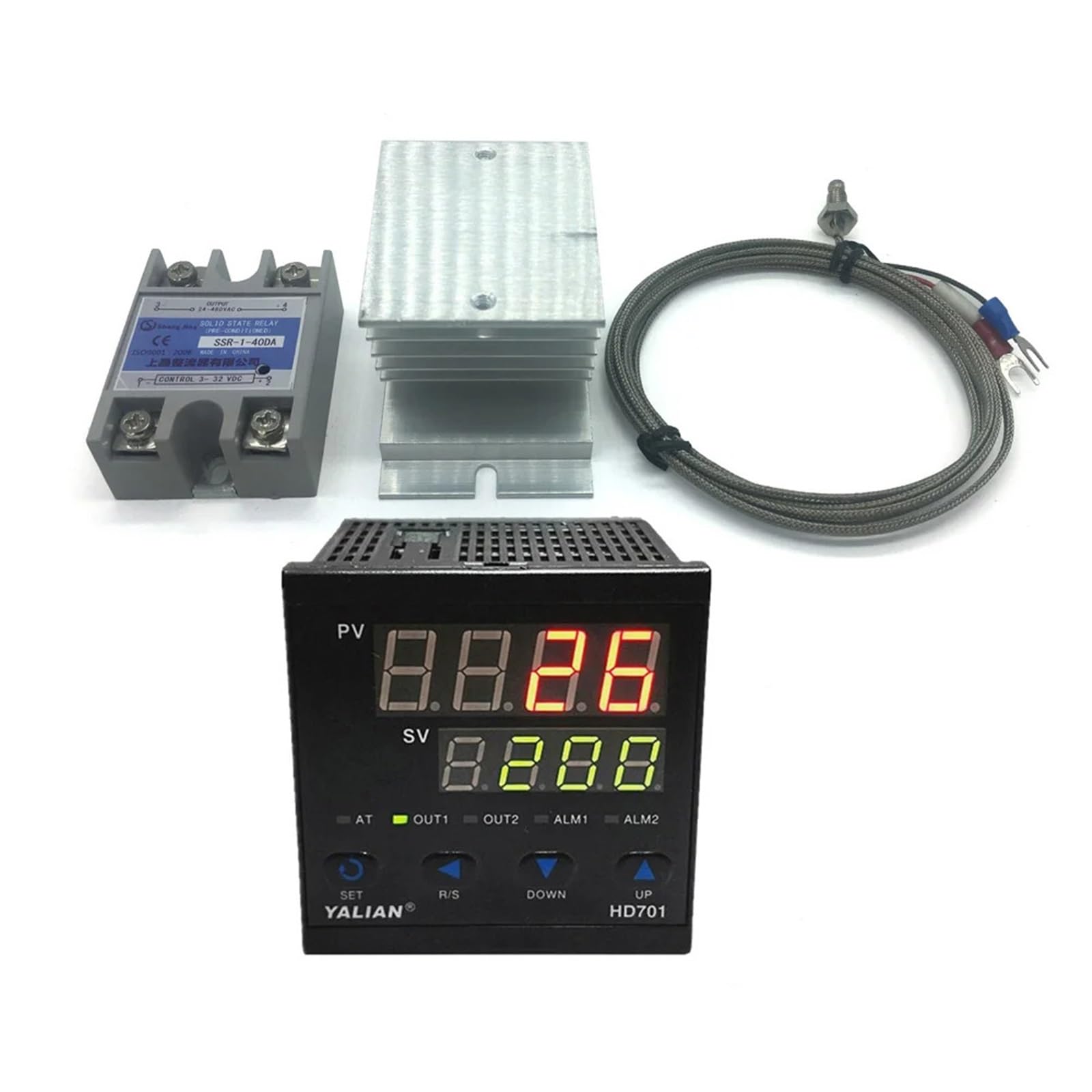Controlador de temperatura digital PID de 100 V-240 V Rango de temperatura máximo 1372 grados Celsius + radiador + termopar K de 2 M + SSR de 40 A máx.(HD901)
