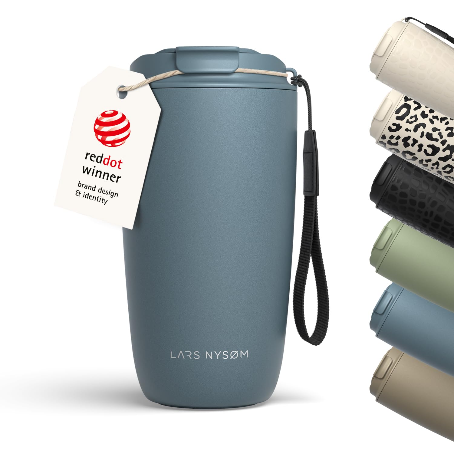 LARS NYSØM Taza térmica café para llevar con correa y Tapa Tritan | Termo Café de 0,5 litros con aislante | Travel mug de acero inoxidable a prueba de fugas (Stone Blue, 500ml)