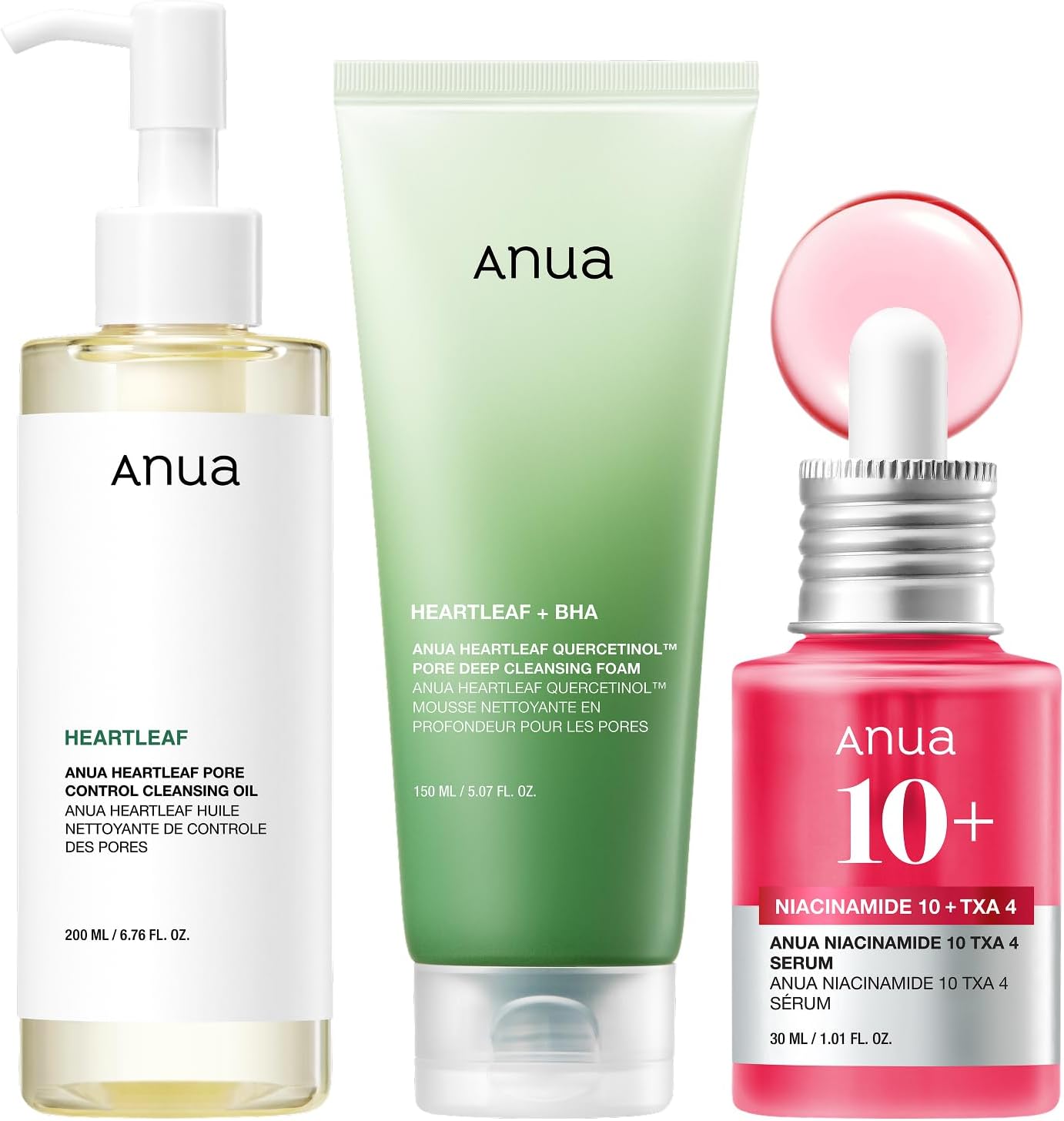 Anua 3-Step Glass Skin Beginner Set, Oil Cleanser and Face Wash with Facial Serum, Double Cleansing Daily Routine with Niacinamide, Korean Skin Care Set