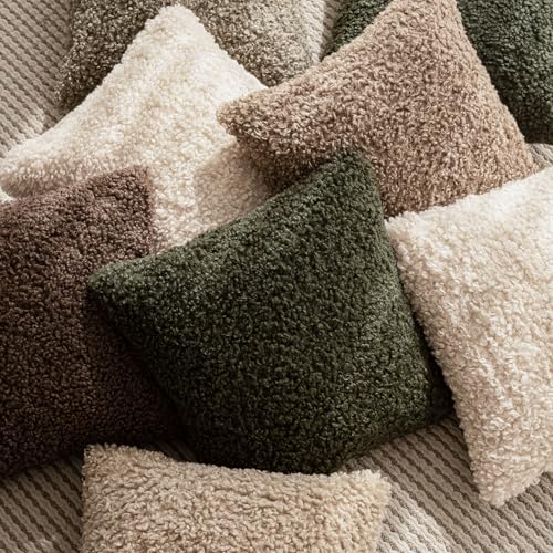Image of Foindtower 2 Pieces 24x24 Inch Olive Green, Faux Fur Throw Pillow Cover Accent Sherpa Furry Pillow Covers Fuzzy Soft Pillowcases Cozy Sheepskin Decorative Fleece Cushion Case for Bed Couch Living Room