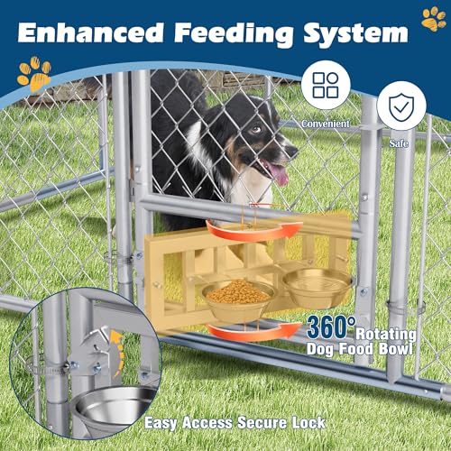 Dephet 10×10×7 FT Outdoor Dog Kennel with Roof, Dog Enclosure w/Rotating Feeder, Large Heavy Duty Dog Run Playpen w/2 Stainless Bowls, Galvanized Pet House w/Secure Lock, Waterproof Cover