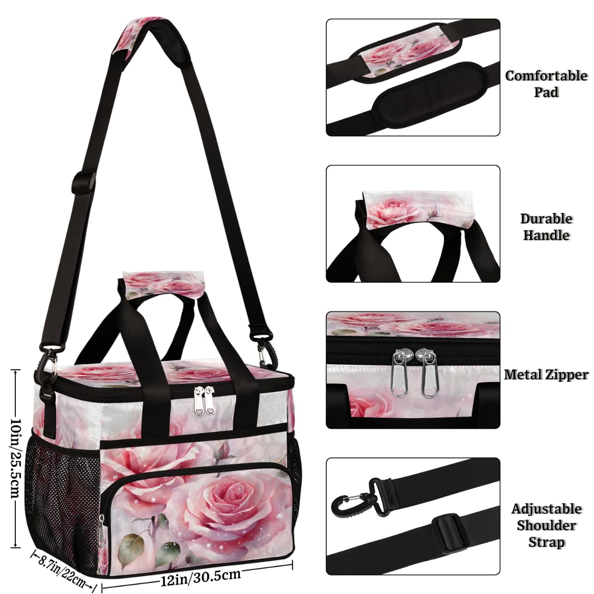 Blooming Flower Insulated Picnic Backpack Lunch Box for Women Men Picnic Basket Tote Lunch Bag Picnic Bag Portable Lunch Bags for Picnic, Beach, Work, Trip,Office, Camp Roses