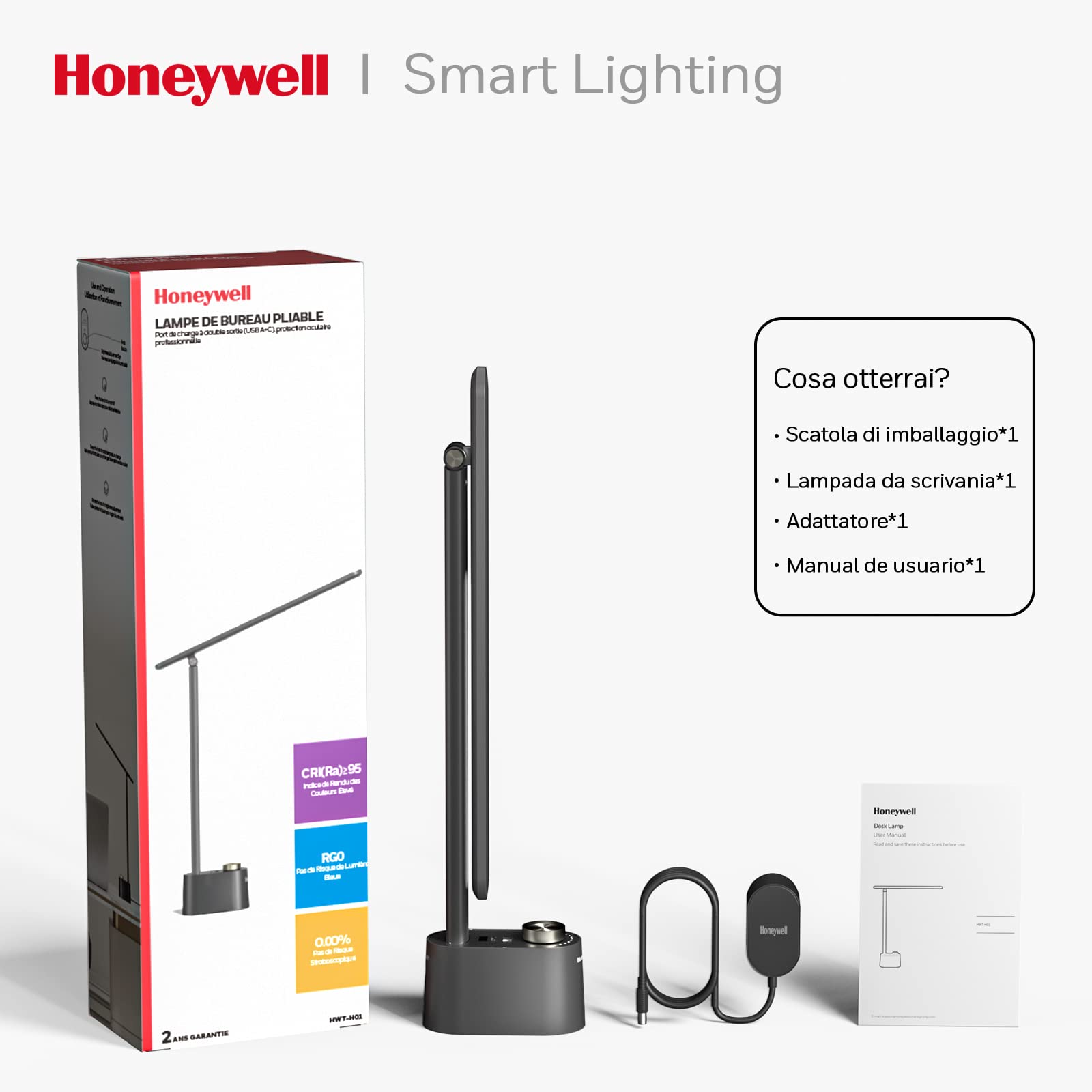 Honeywell Lampada da scrivania con porta di ricarica USB - Lampada da comodino dimmerabile per casa e ufficio, lampada da tavolo piccola pieghevole portatile per Adulti che leggono e lavorano, HWT-H01