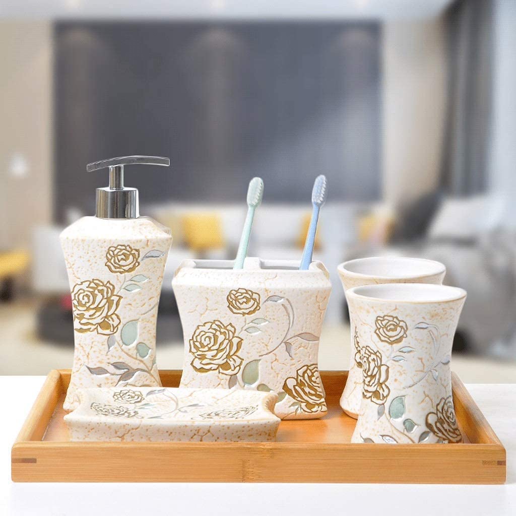 Badezimmer Set Badezimmer-Zubehör-Set Badezimmer-Set Seifenspender Zahnbürstenhalter Seifenschale Dekoration Organizer(6-piece)