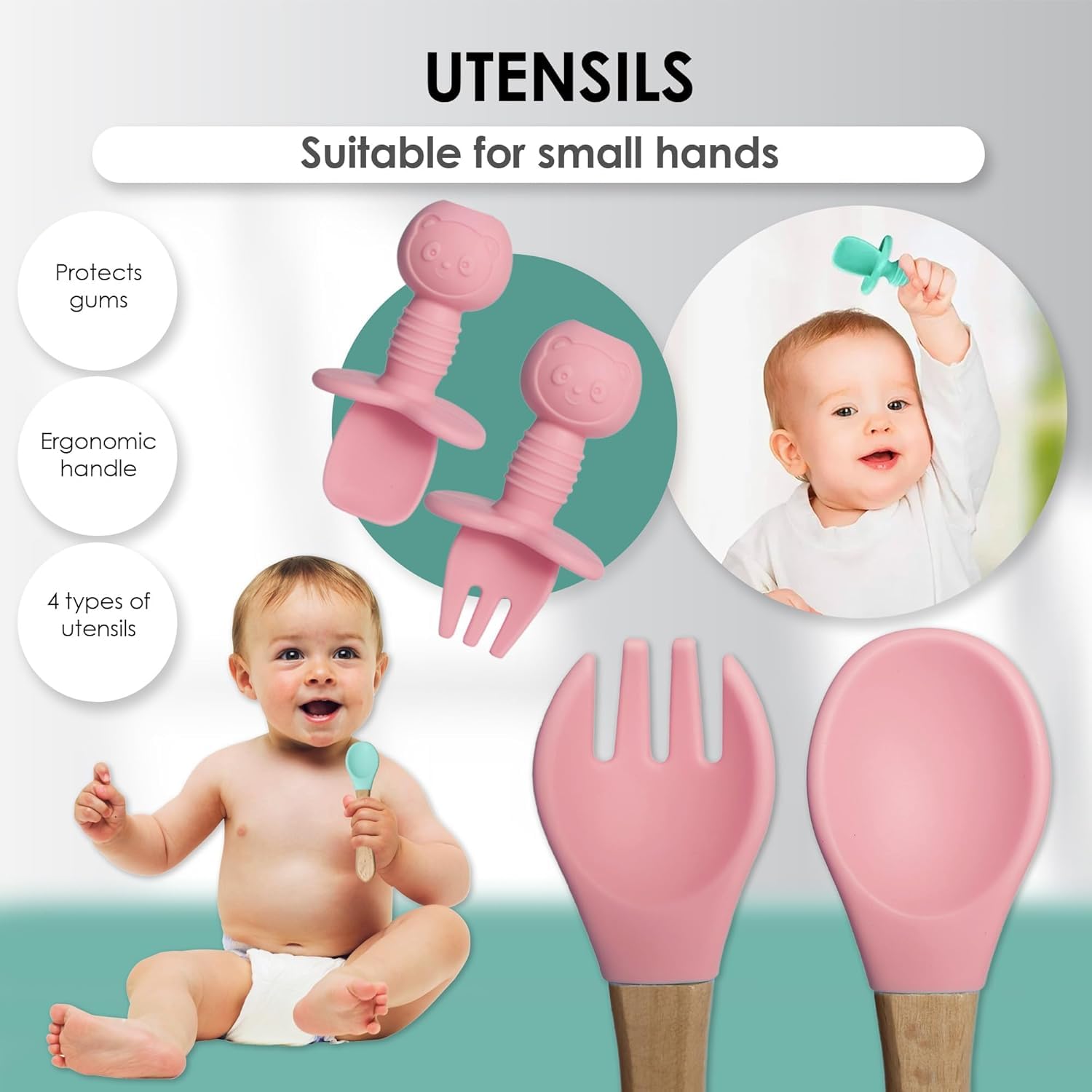 QLECT BPA Free Silicone Baby Feeding Set | Microwave Safe | Complete Set for Feeding & Baby Training | Anti-Slip Base | Babies & Toddlers with Suction Plate Bowl Cup Spoon Fork & Bib (Pink) 2