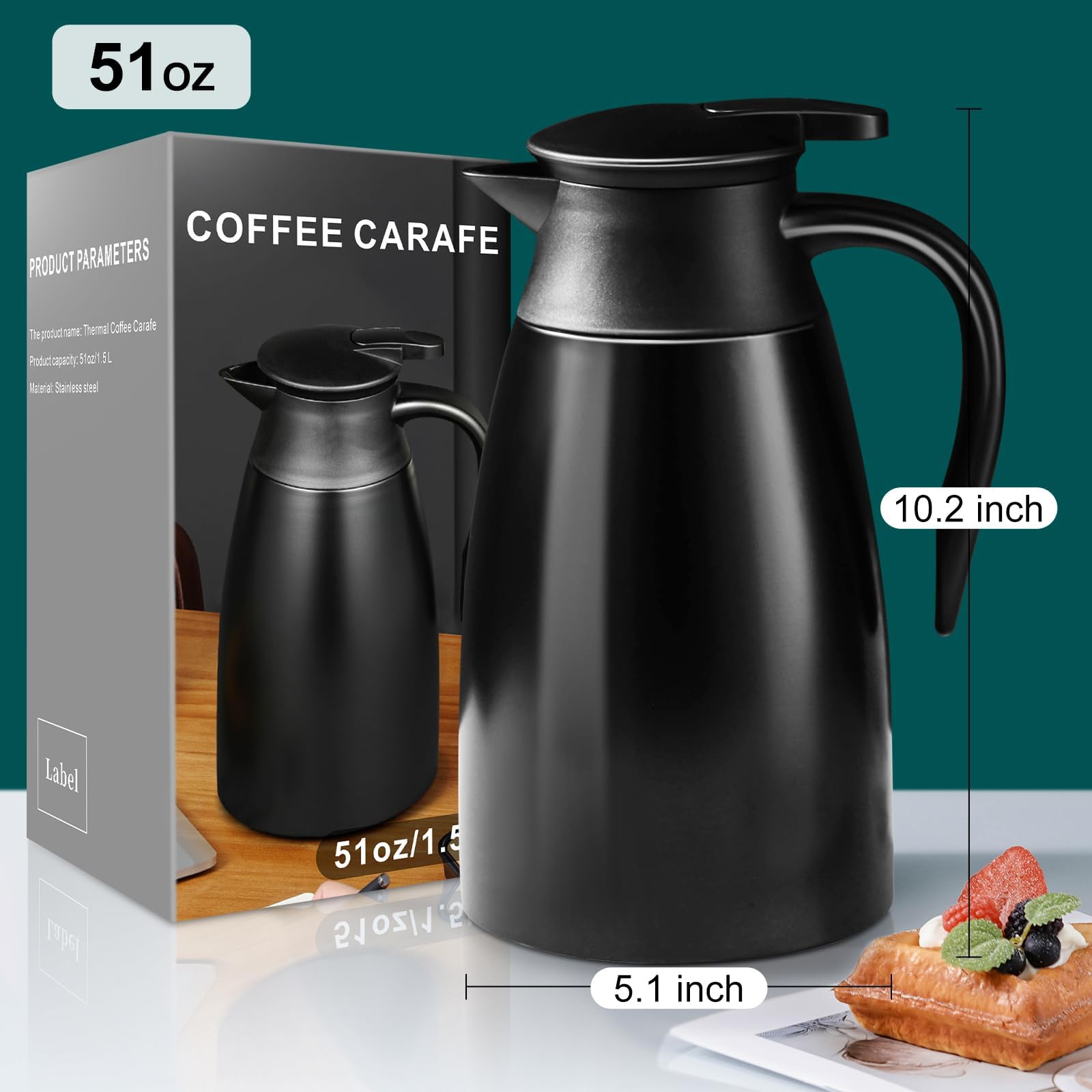 PARACITY Caraffa Termica per Caffè e Tè - 1,5 L, Doppia Parete Isolata Sottovuoto, 18/8 Acciaio Inox, Mantiene Caldo
