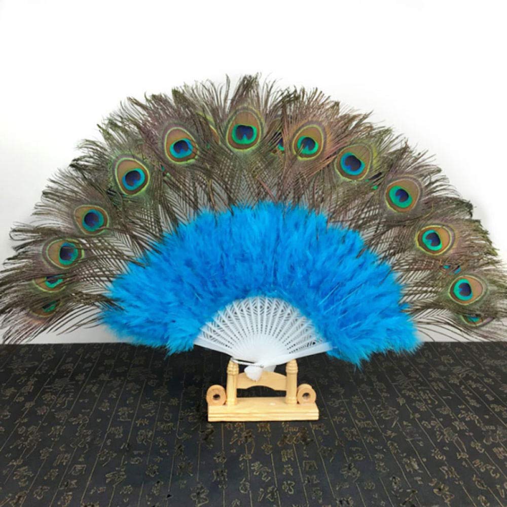 Abanico plegable de plumas de pavo real azul lago grande para baile y decoracion