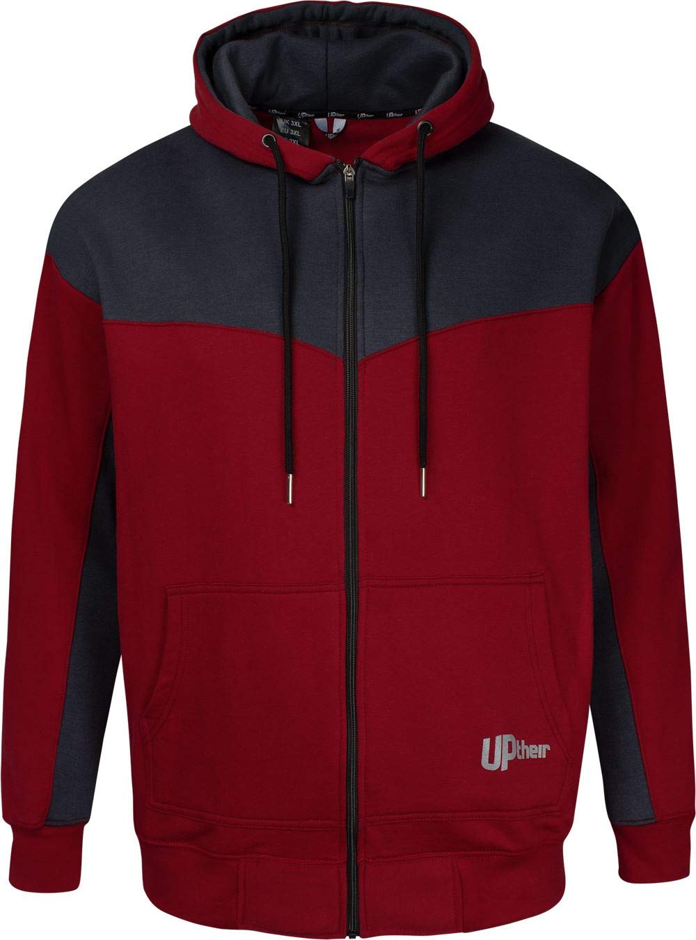 Uptheir Terra Men's Cut & Sew Zip Hoody with Pouch Pockets in Red Grey (UK, Alpha, L, Regular, Regular)