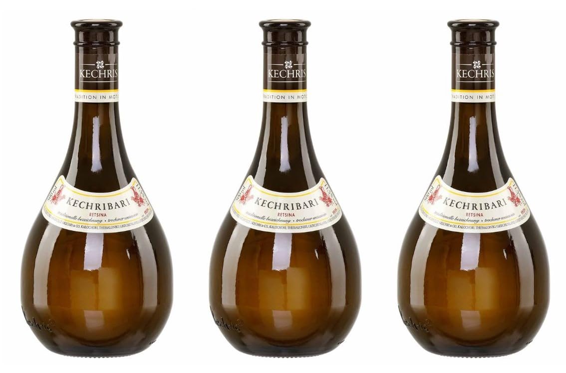 Kechribari Retsina 3x 0,5l Kechri | Geharzter Weißwein aus Griechenland | Milder Retsina | 11,5% Vol. | + 20ml Jassas Olivenöl