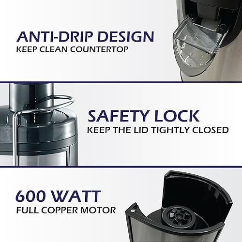 Miniatura 5 de Máquina exprimidora, extractor centrífugo de 600 W, canal de alimentación de boca ancha de 3 pulgadas para frutas y verduras enteras, ajustes de