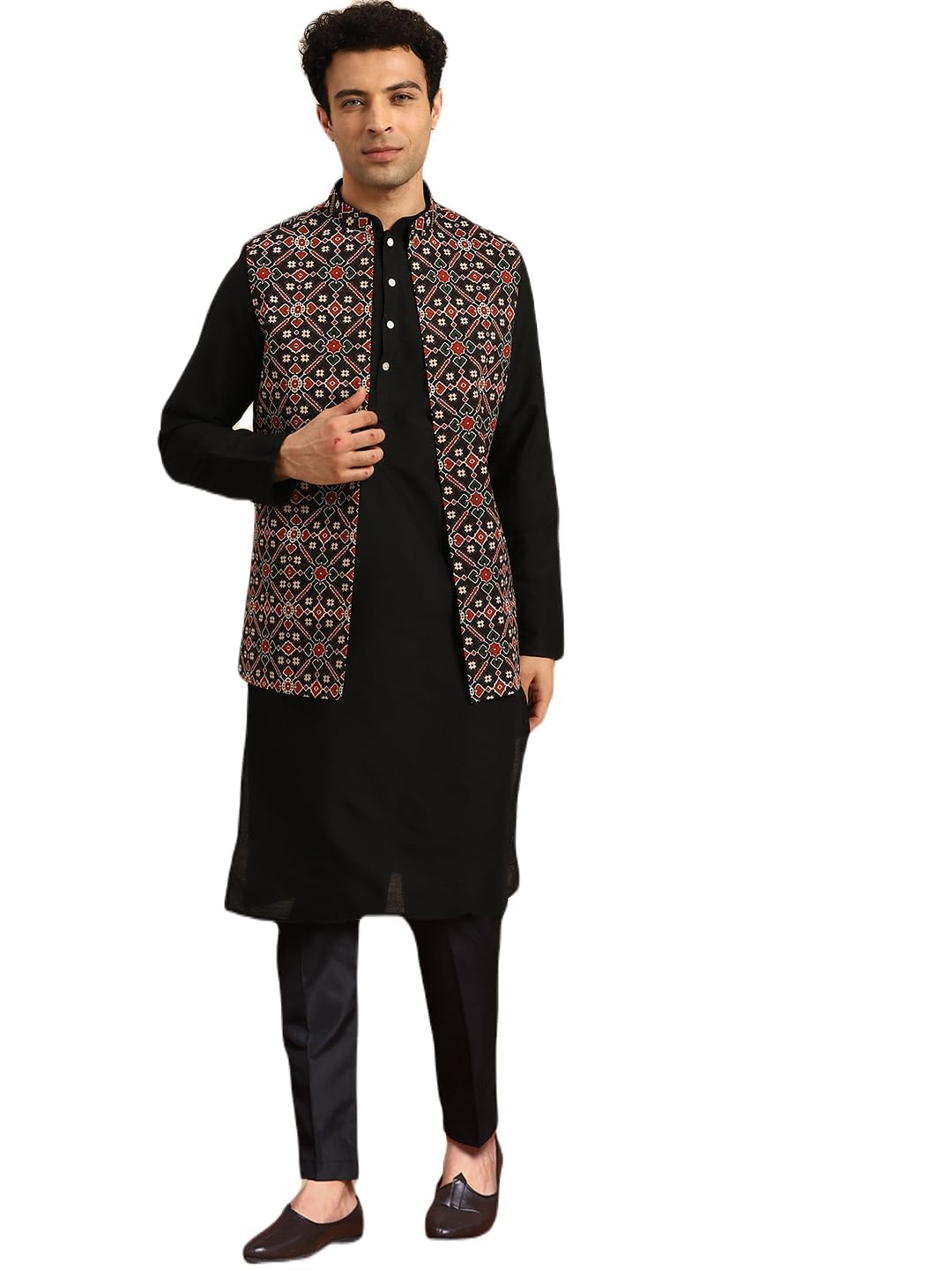 kisah Men's Cotton Blend Full Sleeves Regular Fit Printed Black Kurta Jacket Trousers Set-picture-38