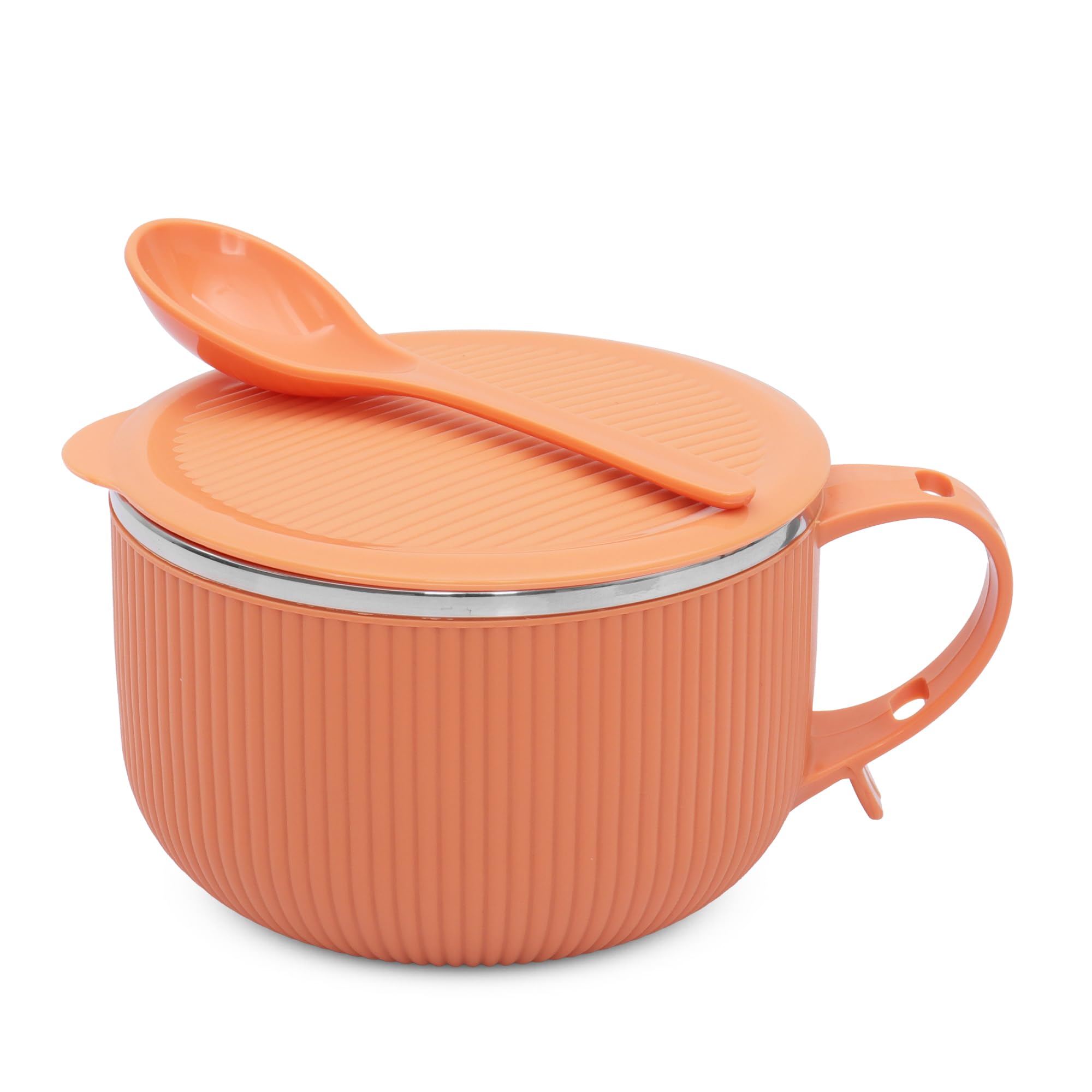 Jaypee PlusStainless Steel Ribtok Meal Bowl Soup Bowl with Lid & Spoon for Every Day Breakfast Meal, Poha, Cornflaks, Cereal, Suitable for Birthday Gift Girls & Boys, 900ml,Orange