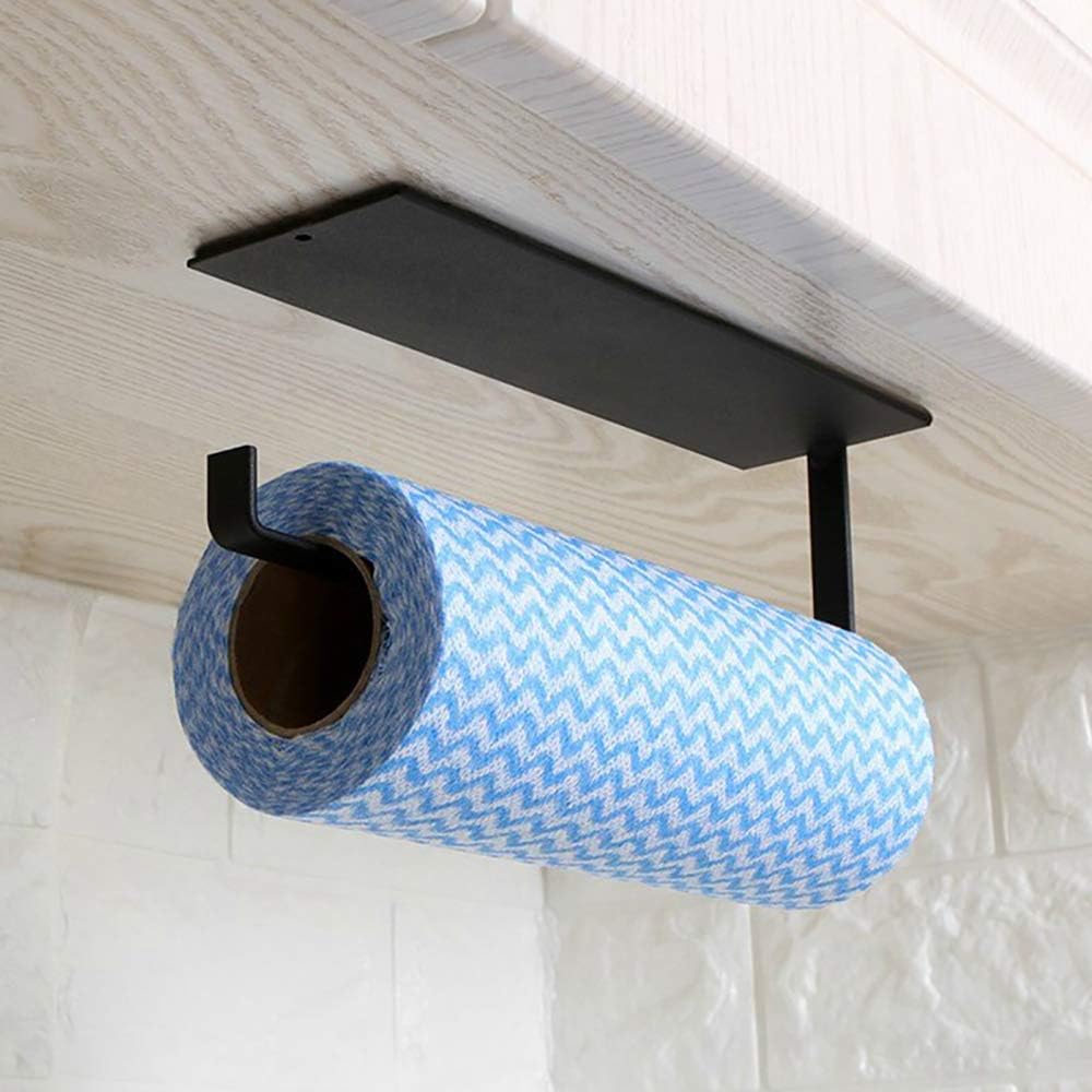 JJONE Paper Towel Holder, Wall Mounted Kitchen PaPer Roll Holder, Towel Rack Cabinet Napkins Storage Holder, Self Adhesive Toilet Roll Holder, Towel Tissue Paper Hanger for Bathroom, Kitchen (A-Black)