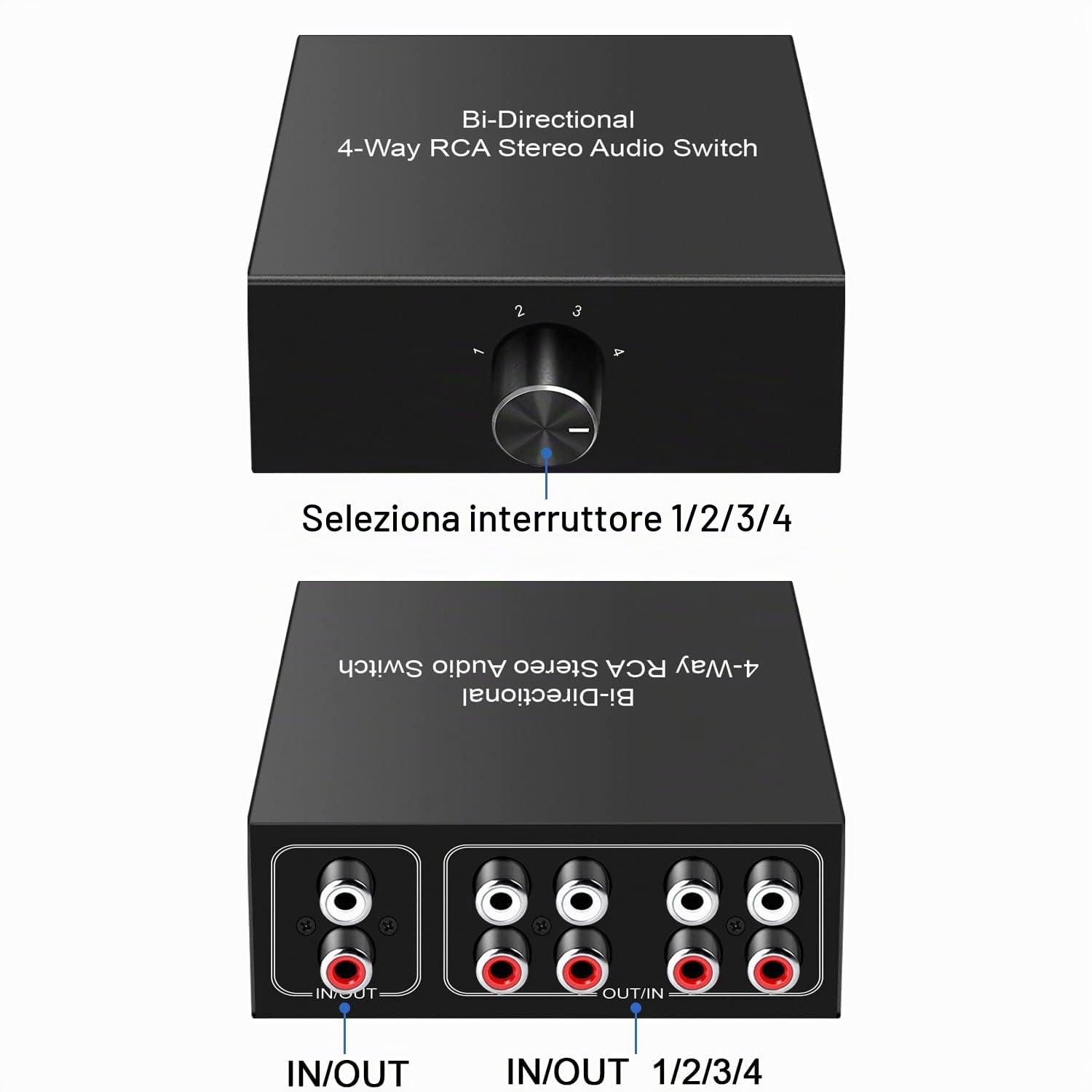 UNSTINCER RCA L/R Commutatore Audio Switch 4(1)-In-1(4)-Out, Analog Aux Interruttore Scatola, HIFI Stereo Suono Selettore Deviatore Sdoppiatore per Ampli Cuffie PC Casse Phono Altoparlanti