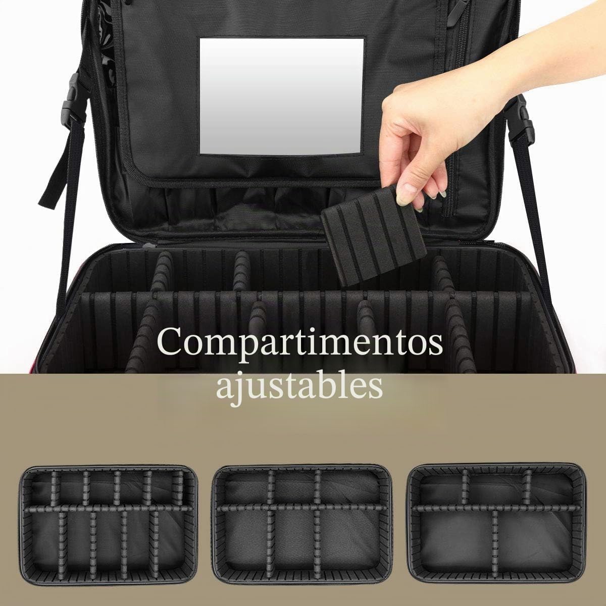 Luxspire Neceser Maquillaje con Divisor y Espejo para Mujer, Viaje Maletin Maquillaje Aseo Maleta Maquillaje Bolsa para Cosméticos, Organizador Estuche con Correa para Viaje Mujer, L - Negro
