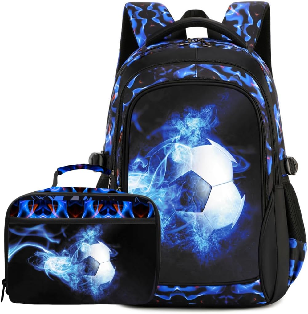 Boys Backpack Kids Bookbag Durable Elementary Middle School Bags Soccer 18in (Z-BLUE)