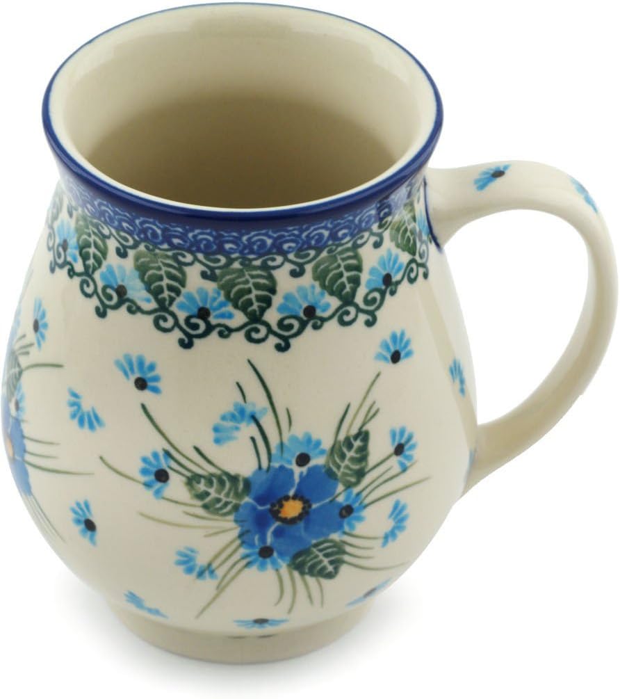Polmedia Polish Pottery Mug 17 oz UNIKAT - Forget Me Not Pattern Handmade in Boleslawiec Poland by Ceramika Artystyczna + Certificate of Authenticity