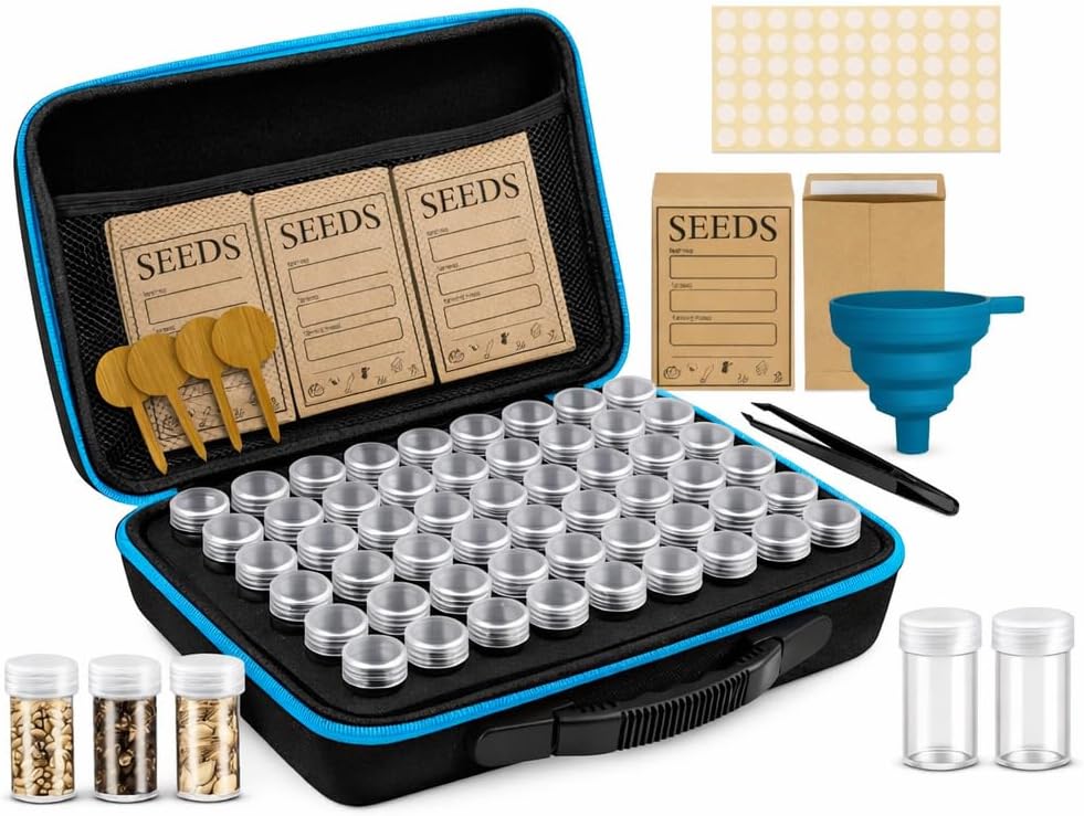 Seed Storage Organizer Box with 120 Containers, Zipper Bag, Seed Envelopes, Labels, Funnels & Tweezers – Seed Saver Storage Kit for Gardeners