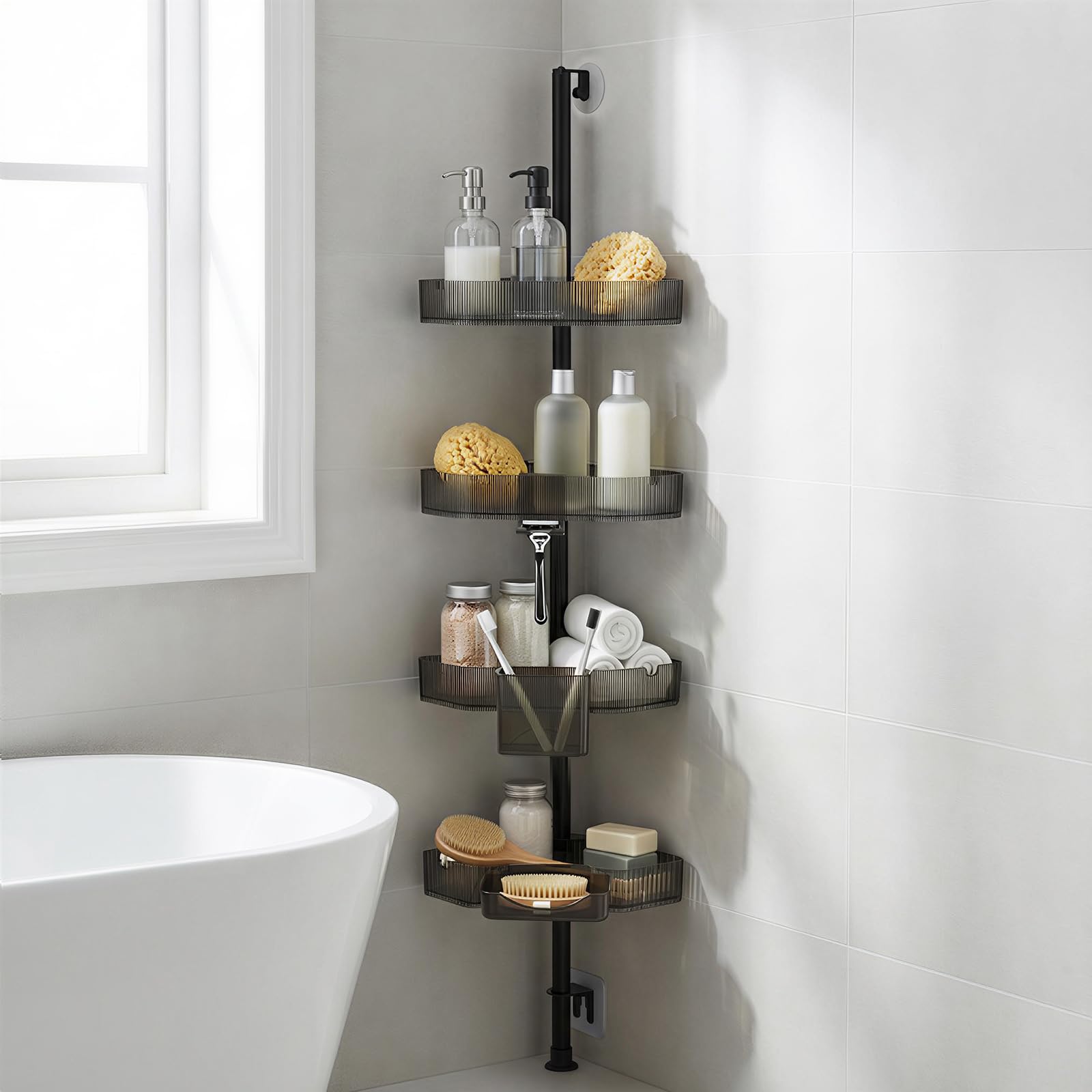Photo 1 of Corner Shower Caddy Extendable Rustproof Shower Organizer Adjustable 4-Tier Bathroom Shelves Anti-Tipping Bathtub Shampoo Storage Floor Standing Bath Rack 45-75 Inch No-Drill Quick Installation