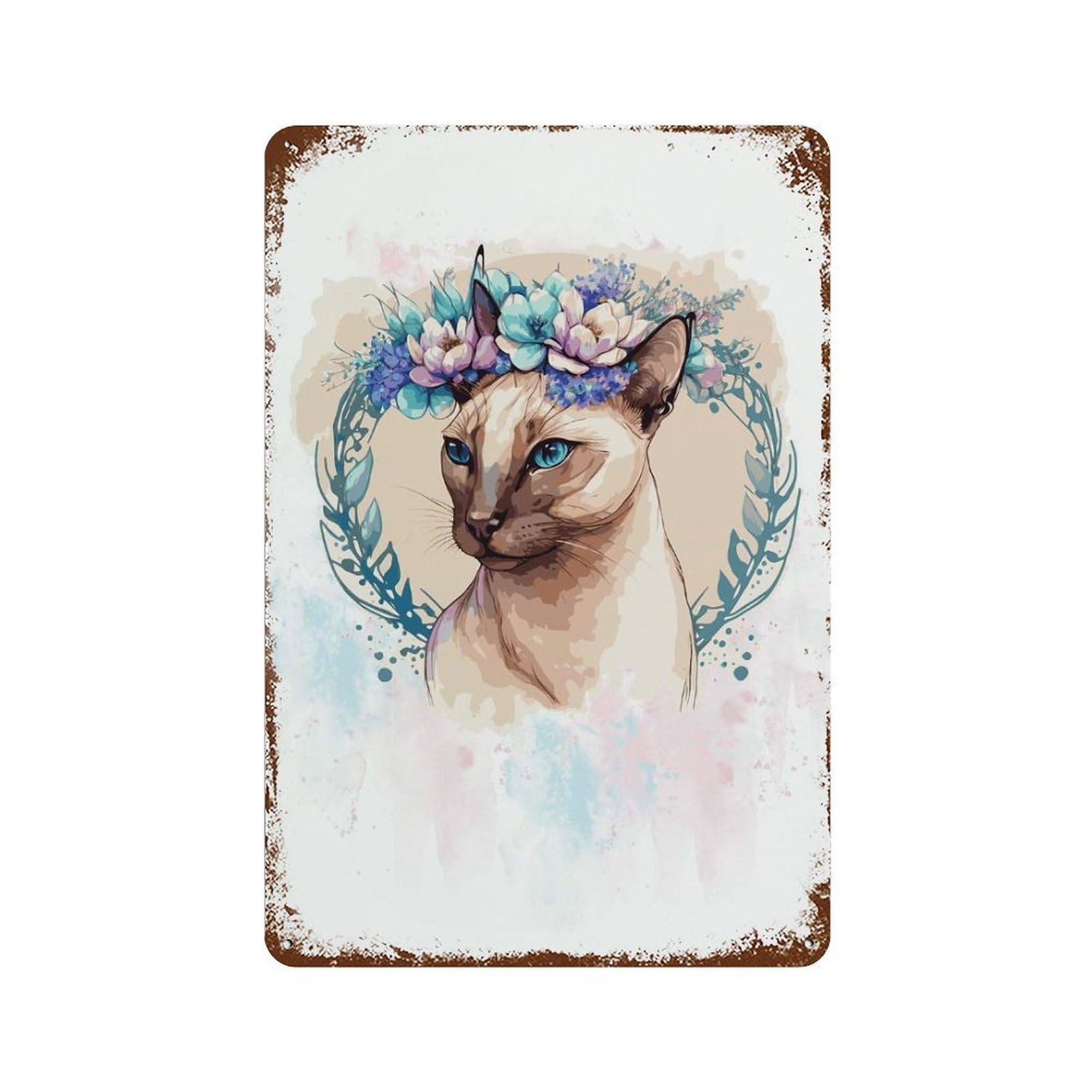 Cute Floral Siamese Cat Rusty Metal Tin Sign 11.8"x7.9", Vintage Wall Decor for Garage, Pub Or Kitchen
