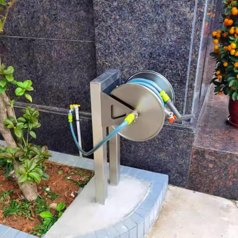 Carrete de manguera de jardín de acero inoxidable, soporte de manguera de agua de metal resistente para jardinería al aire libre