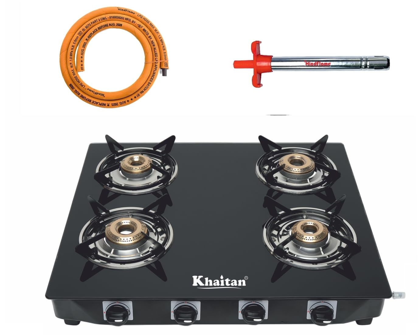 Khaitan Combo - 1 unit Khaitan 4 Burner Active Forge Black Tougned Glass Gas Stove + 1 unit Hindflame Kitchen Lighter + 1 unit Hindflame LPG Hose Pipe (1.5 mtr) (4 Burner)-image-46