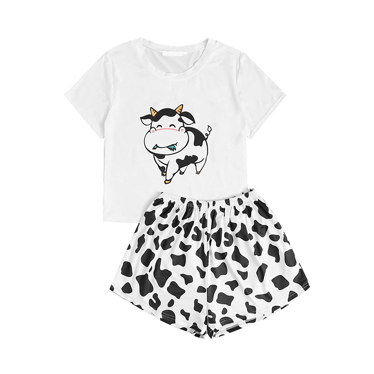 NCCute Cartoon Printed Pajama Set for Women - Cows Printed Sleepwear Short Sleeve Tee with Shorts Two-Piece PJS Sets