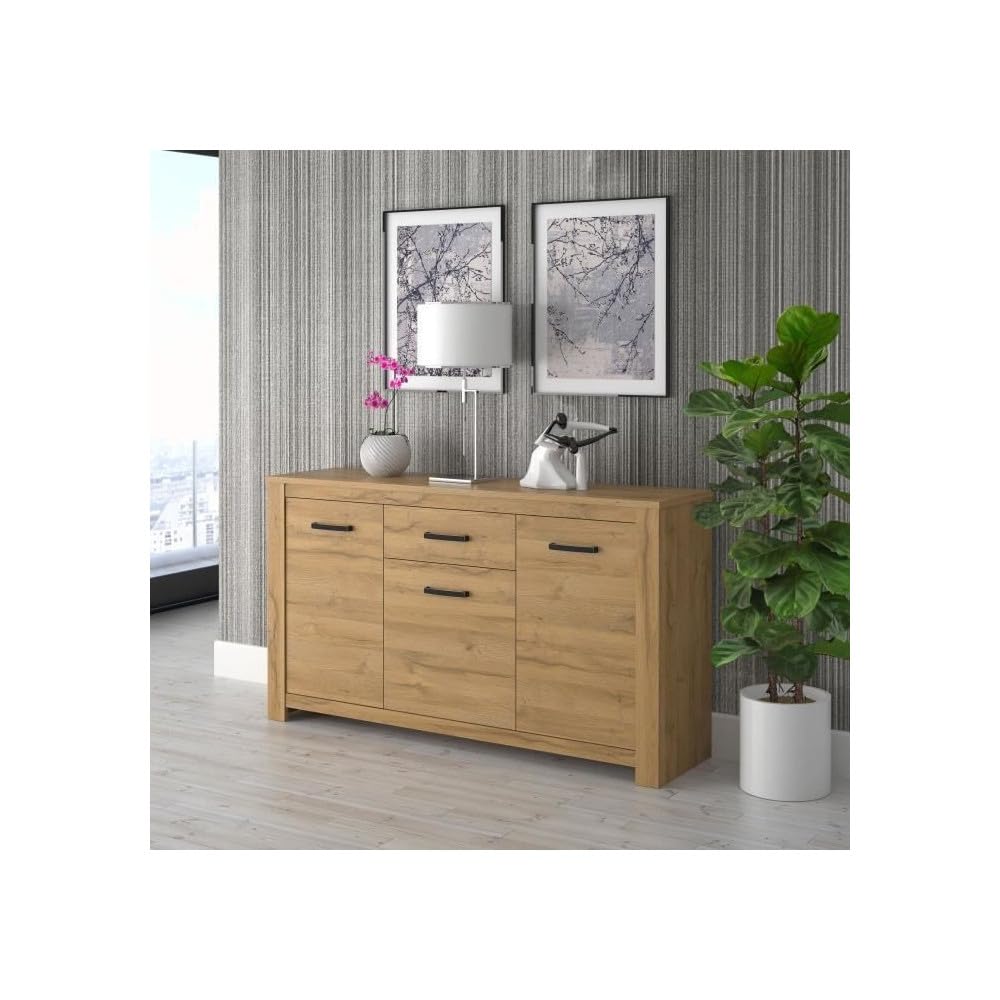 FORTE Havanna Kommode mit 3 Türen und 1 Schublade, Holzwerkstoff, Alteiche, 62 x 95,7 x 161,4 cm