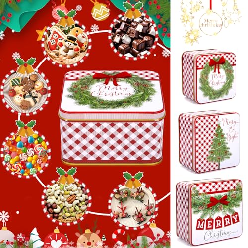 ZZXLOPEZ Winter Collage Keksdosen-Set 3 Teilig, Keksdose Quadrat, Weihnachts Gebäck Vorrats Plätzchen Dose Kekse, Blechdosen mit Deckel, Plätzchendosen, Gebäckdose für Kekse, Süßigkeiten, Schokolade