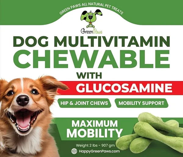 green paws Chicken Flavored Dental Dog Treats with Multivitamins & Glucosamine for Oral Health & Mobility Support 60 Count - Natural Energy Boosters (2 lbs)