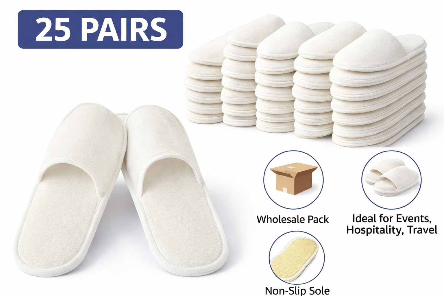 Sevenhills Toiletries 25 Pairs Hotel Guest Room Slippers β Terry Towel Close-Toe, 5MM Sole, Free Size (Unisex, White) | Disposable Hotel Accessories & Travel Kit Essentials 3