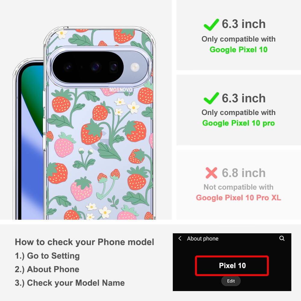 MOSNOVO Case for Google Pixel 10 & Pixel 10 Pro, [Buffertech 6.6ft Military-Grade Drop Protection] [Anti Peel Off Tech] Clear TPU Bumper Phone Case Cover Design - Cute Cherry — view 110