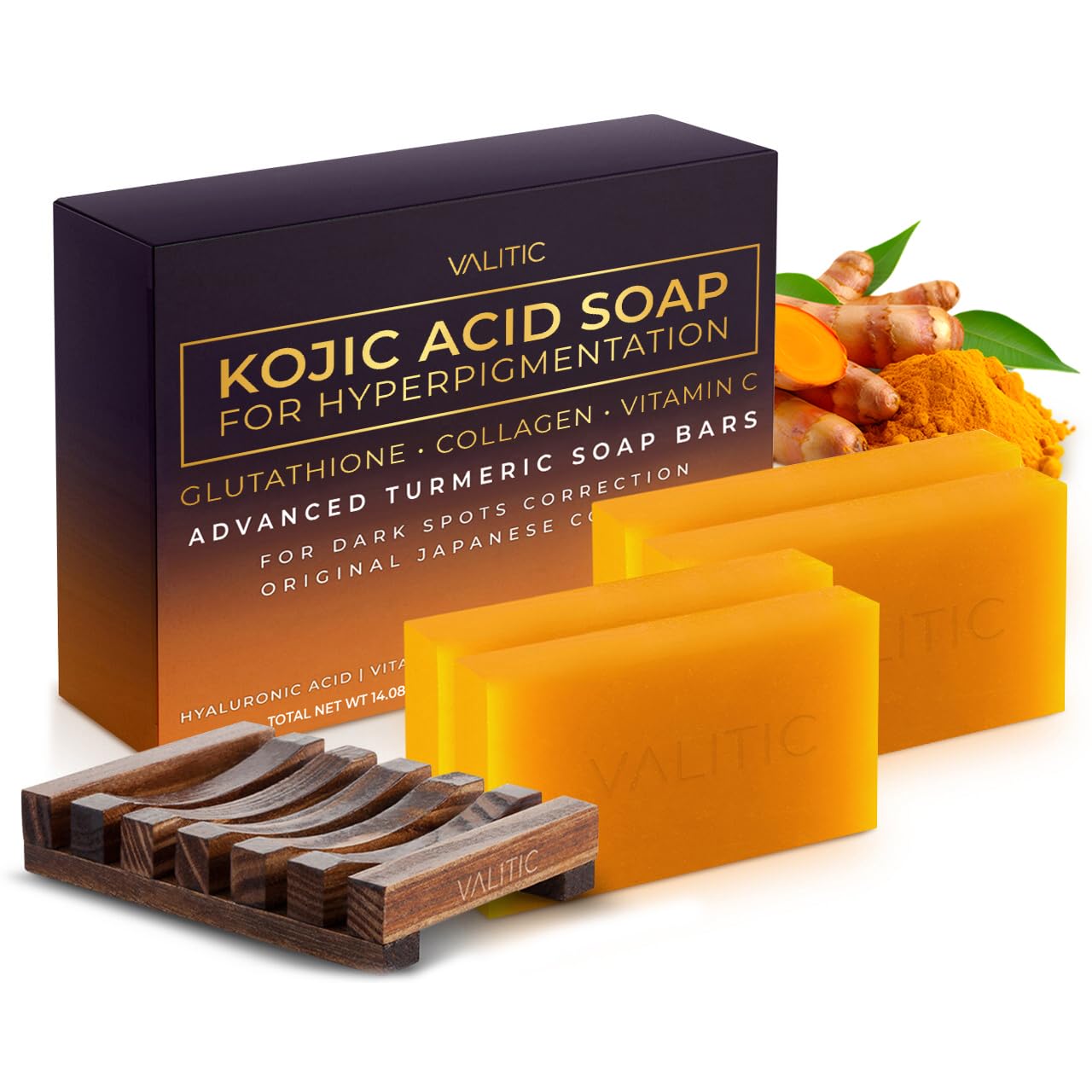 VALITIC Kojic Acid Soap for Hyperpigmentation - with Glutathione, Collagen & Vitamin C - Natural Soap Bars with Turmeric - Original Japanese Complex for Dark Spot Correction - 4 Pack + Holder