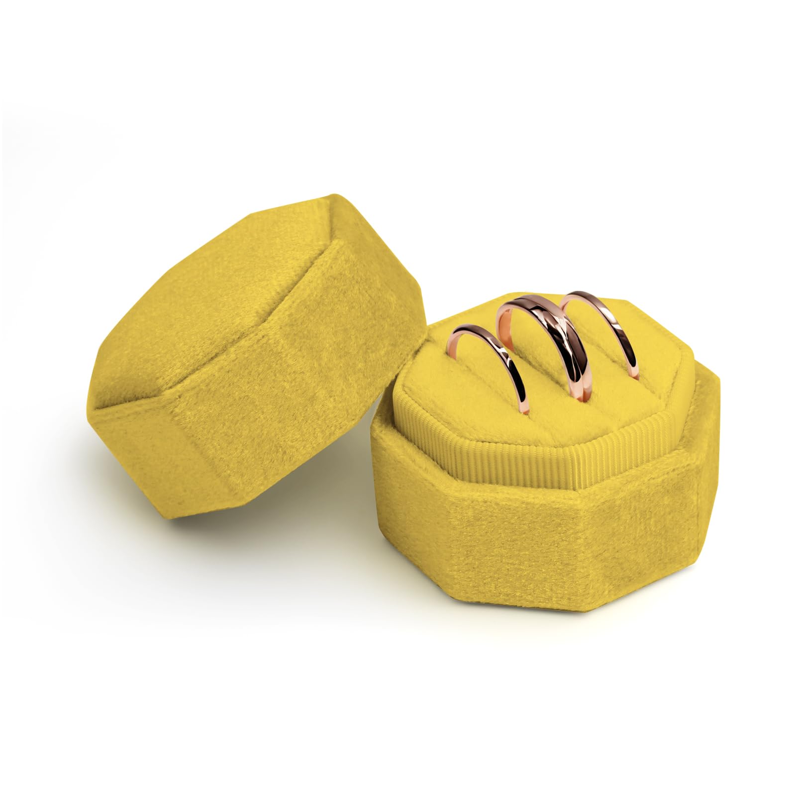 JJundiles Velvet Octagon Ring Box 3 Slots Ring Box Wedding Day for Ceremony Vintage Engagement Jewelry Ring Holder (Light Yellow, 3 Slots)
