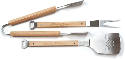 DC Comics Wonder Woman - Juego de utensilios de barbacoa de 3 piezas para exteriores, incluye espátula, tenedor y pinzas de acero inoxidable con