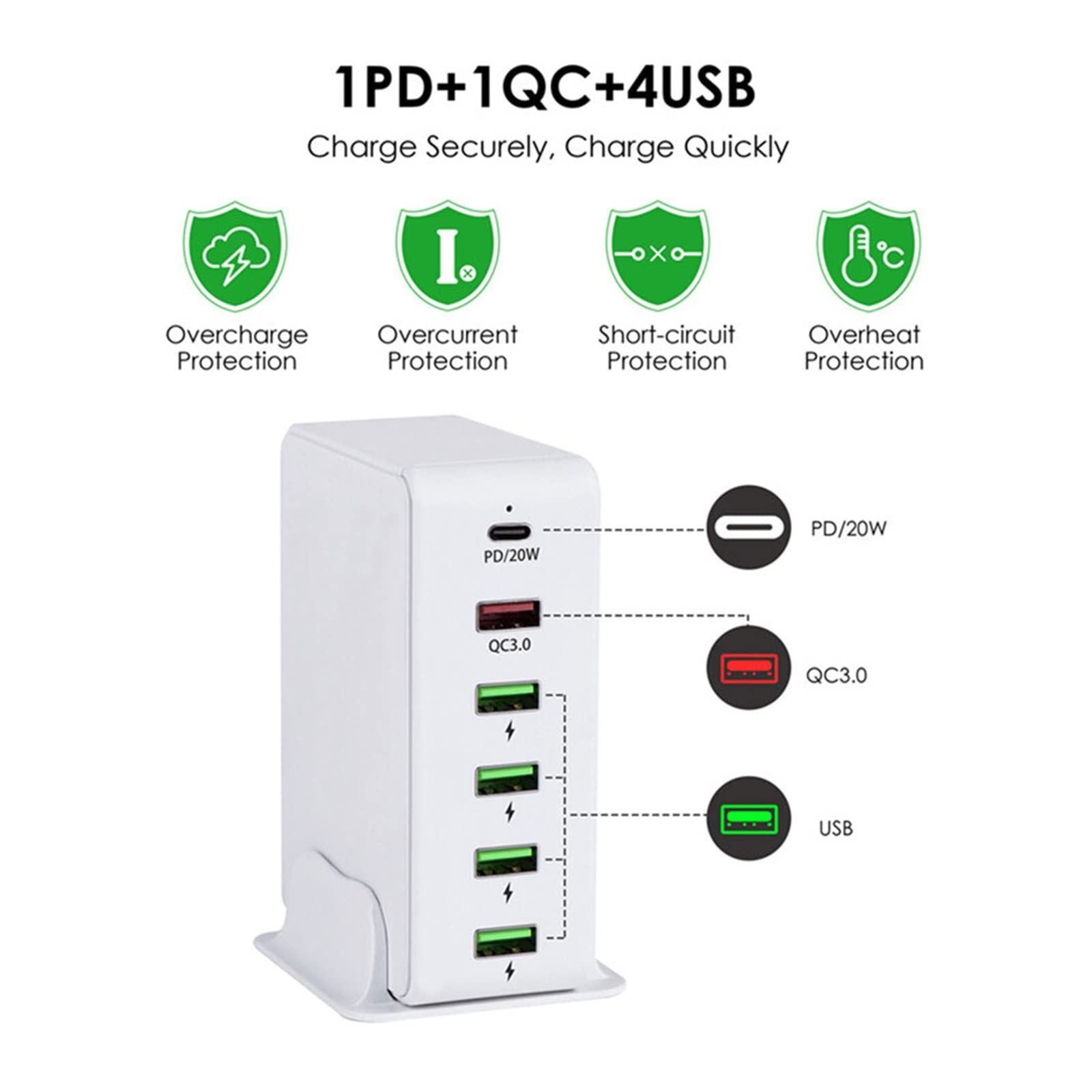 Portatile Caricatore rapido USB PD con 6 porte, stazione di ricarica Caricabatterie da parete for telefono universale compatibile con cellulare, tablet e altro(B)