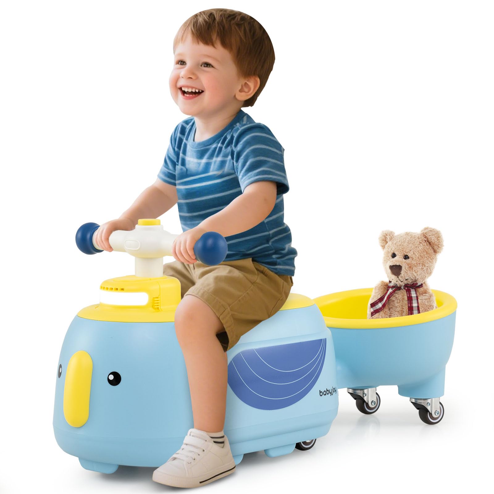 DREAMADE 2 en 1 Porteur Enfants, Voiture à Jouer pour Tout-Petits avec Remorque Amovible, Espace de Rangement, Lumière LED, 5 Sons Musicaux, Roues Lisses (Bleu)