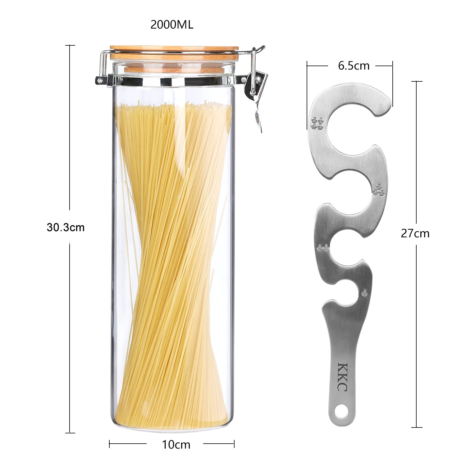 KKC vorratsgläser for Spaghetti, 2000ML luftdicht vorratsdosen with spaghettilöffel, Verdickt Borosilikatglas glasbehälter mit deckel für Pasta müsli aufbewahrung
