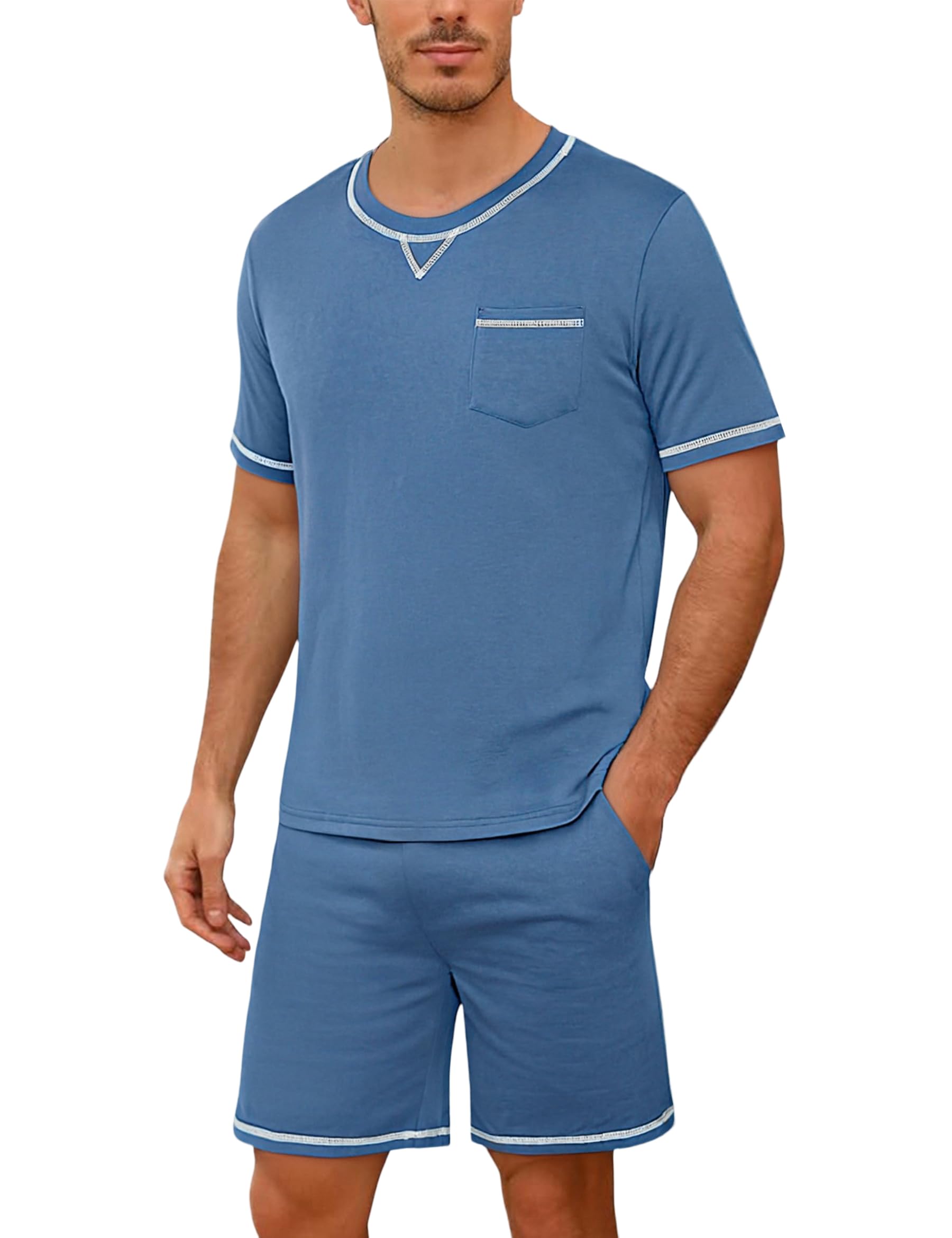 Demegimi Herren Schlafanzug Kurz Pyjama Baumwolle Sommer Zweiteilige Pyjamas Set für Männer