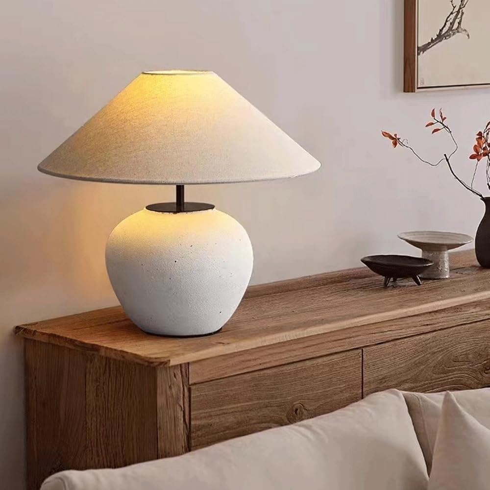 DFAEEKIYO Ceramic Table Lamp - Minimalist Beige Linen Drum Lampshade for Bedroom, Living Room Office