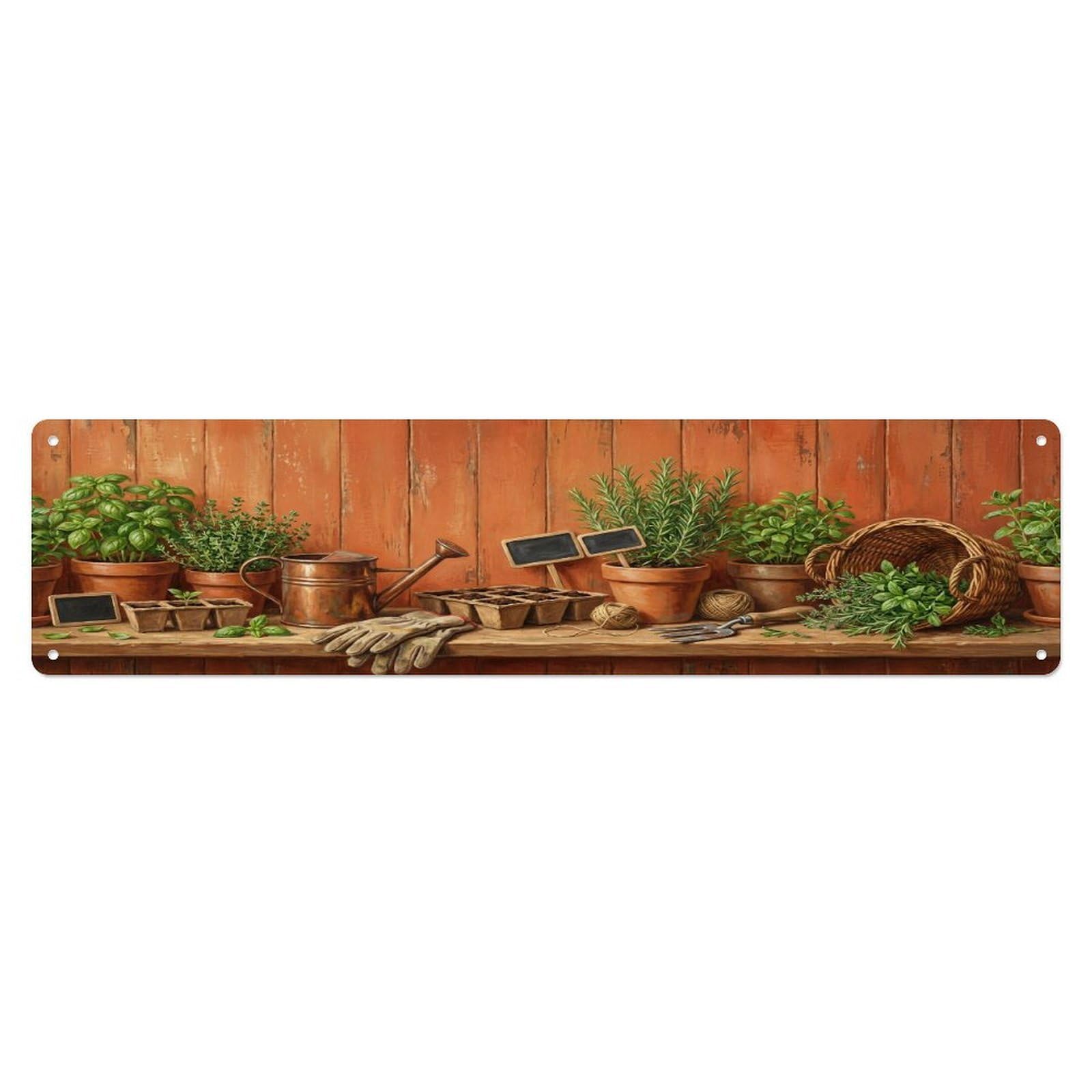 Floral Garden Tools Herb Planter Pattern Print Metal Tin Sign