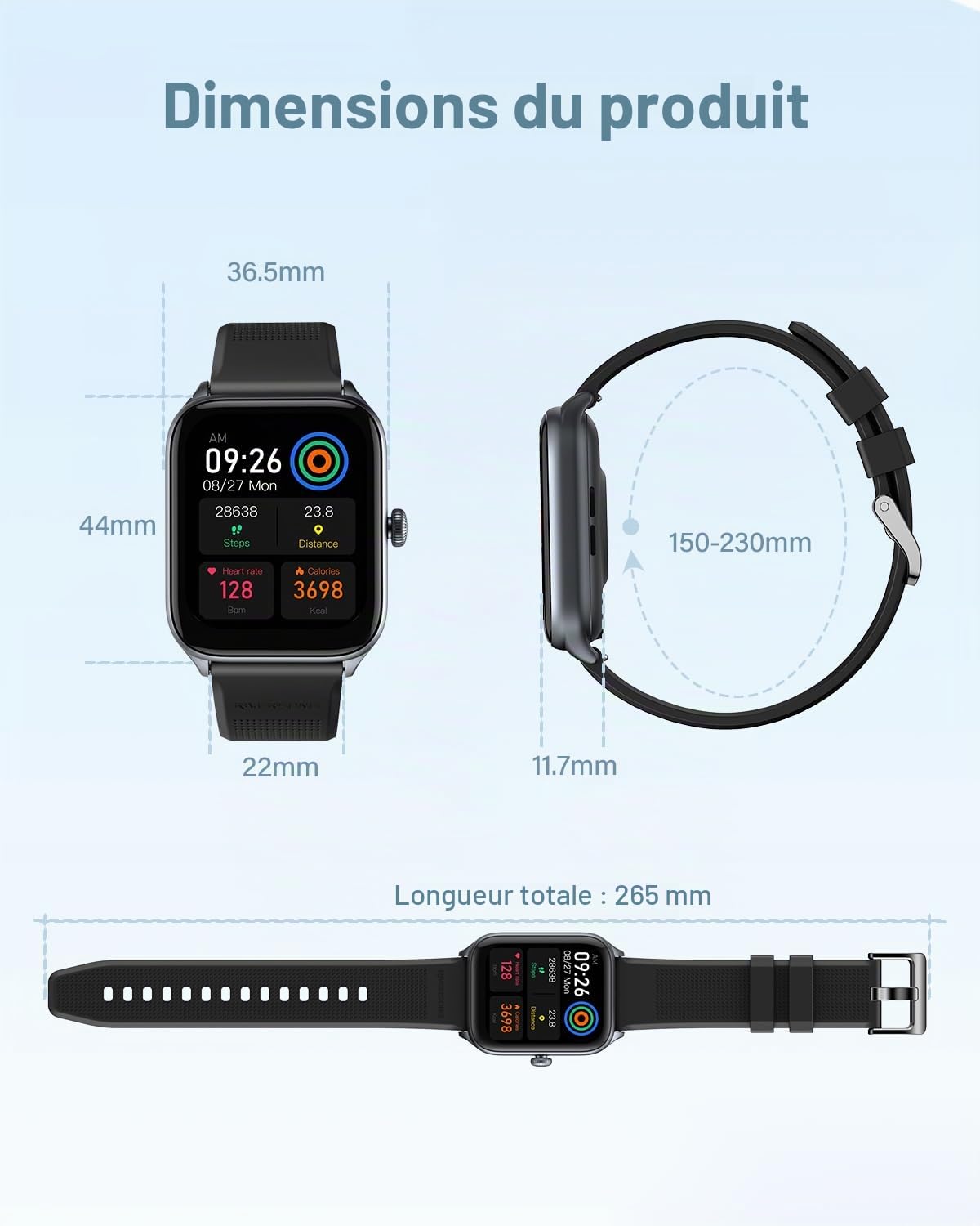 RIVERSONG Montre Connectée Homme Femme avec Appel Bluetooth, 1,85" Smartwatch, 100+ Modes Sportifs, Moniteur de Pouls/Sommeil/SpO2, Assistant Vocal, Compatible avec iPhone et Android, Gris Sidéral