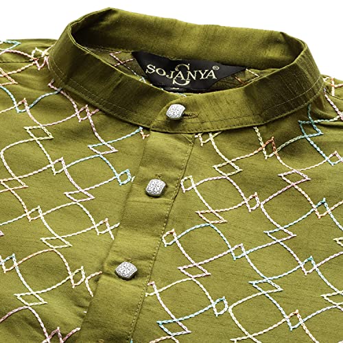 Image of SOJANYA, Men's Silk Blend NavyBlue Kurta with Multi Color Embroidery and Off-White Pyjama
