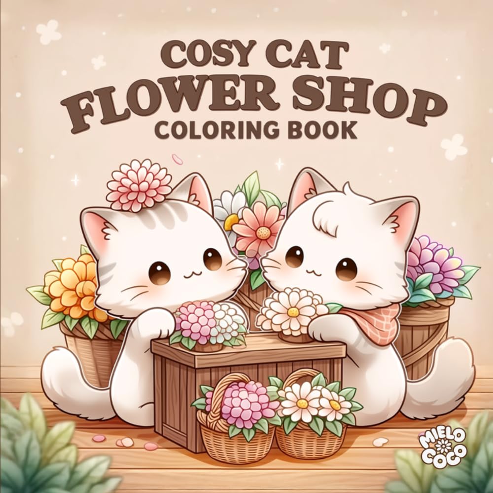 Cosy Cat Flower Shop Coloring Book for Adults and Kids: Cute Kawaii Cats, Relaxing Floral Scenes, Stress Relief Coloring Pages, Art Therapy