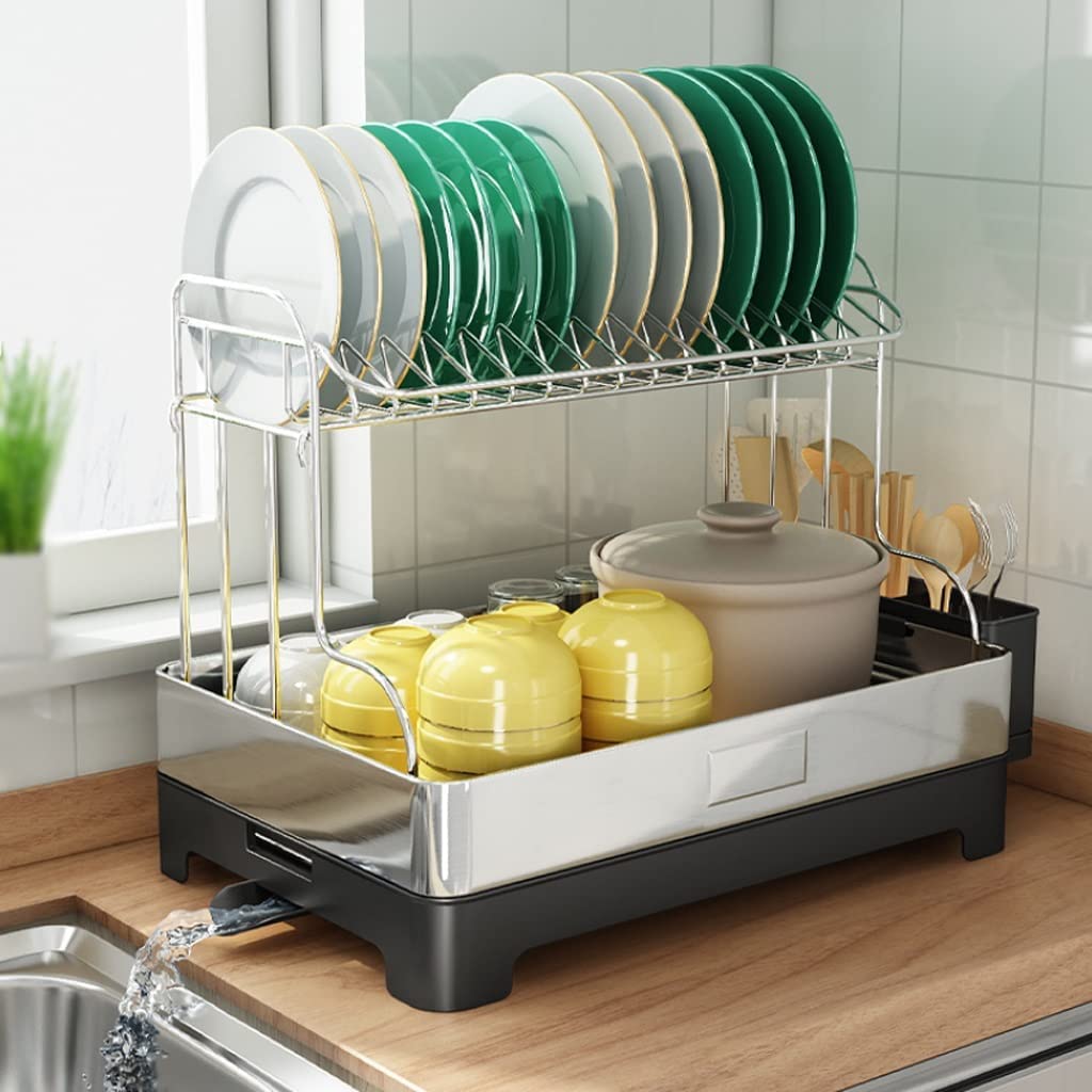 Organisateur de comptoir de Cuisine Égouttoir à Vaisselle de comptoir de Cuisine, égouttoir à Vaisselle Polyvalent à 2 Niveaux avec Support d'ustensiles de Drainage d'installation Facile